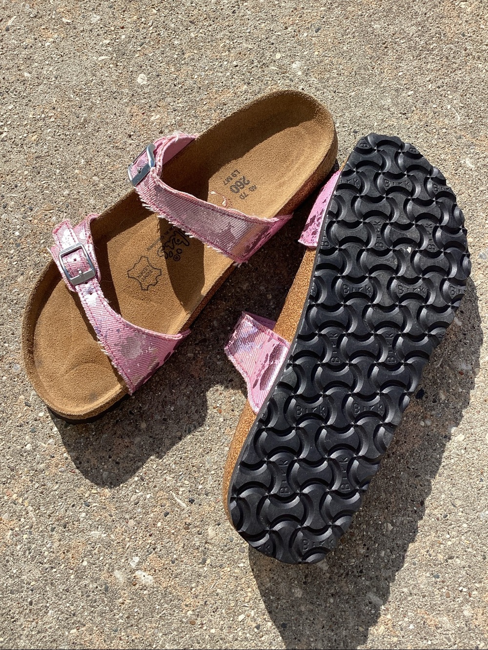 Birkenstock Birki’s pink metallic denim frayed two strap sandals. Euro 40